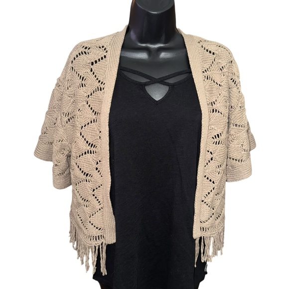 American Rag Open Knit Fringe Cardigan Sweater Cotton Blend Women’s Medium - Picture 2 of 6